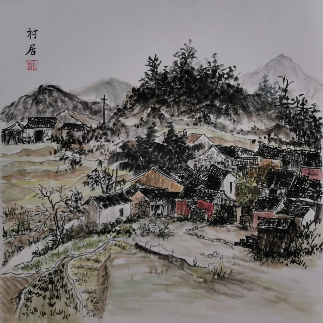 蔡聪灵中国画《村居》