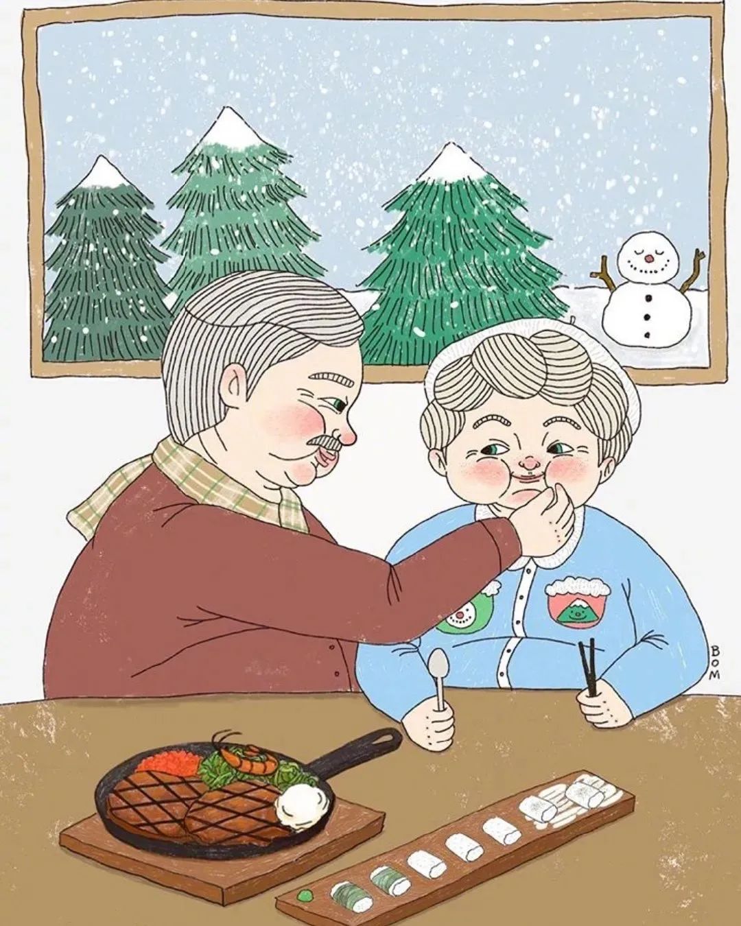 一对恩爱的老夫妻插画︱韩国插画师bomsamuso的作品