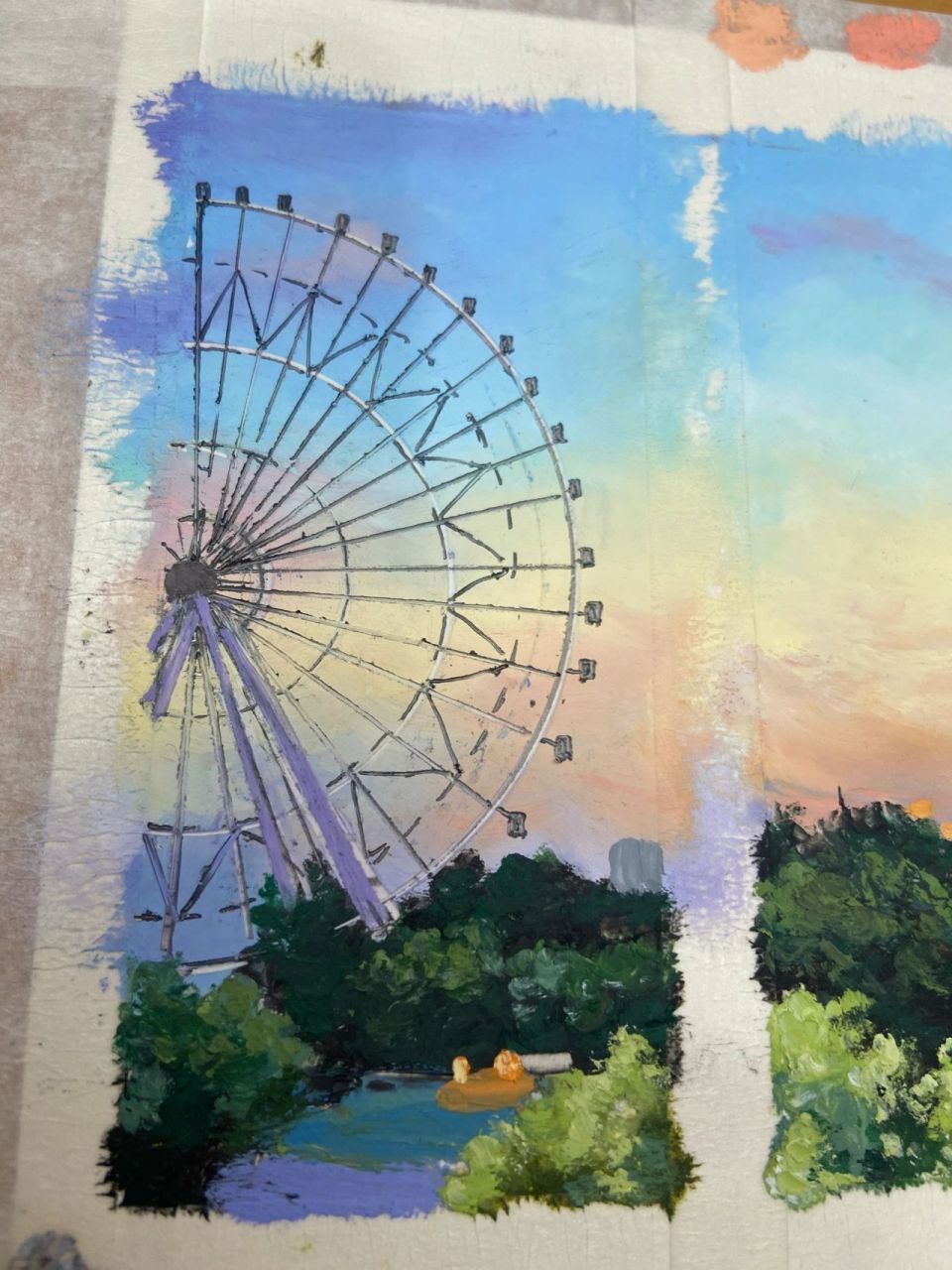 油画棒|《摩天轮》(附步骤) 油画棒:高尔乐 鲁本斯 纸:白卡 这张画的