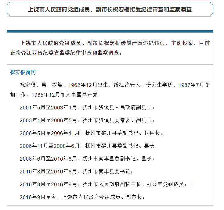 主动投案!上饶市副市长祝宏根接受审查调查