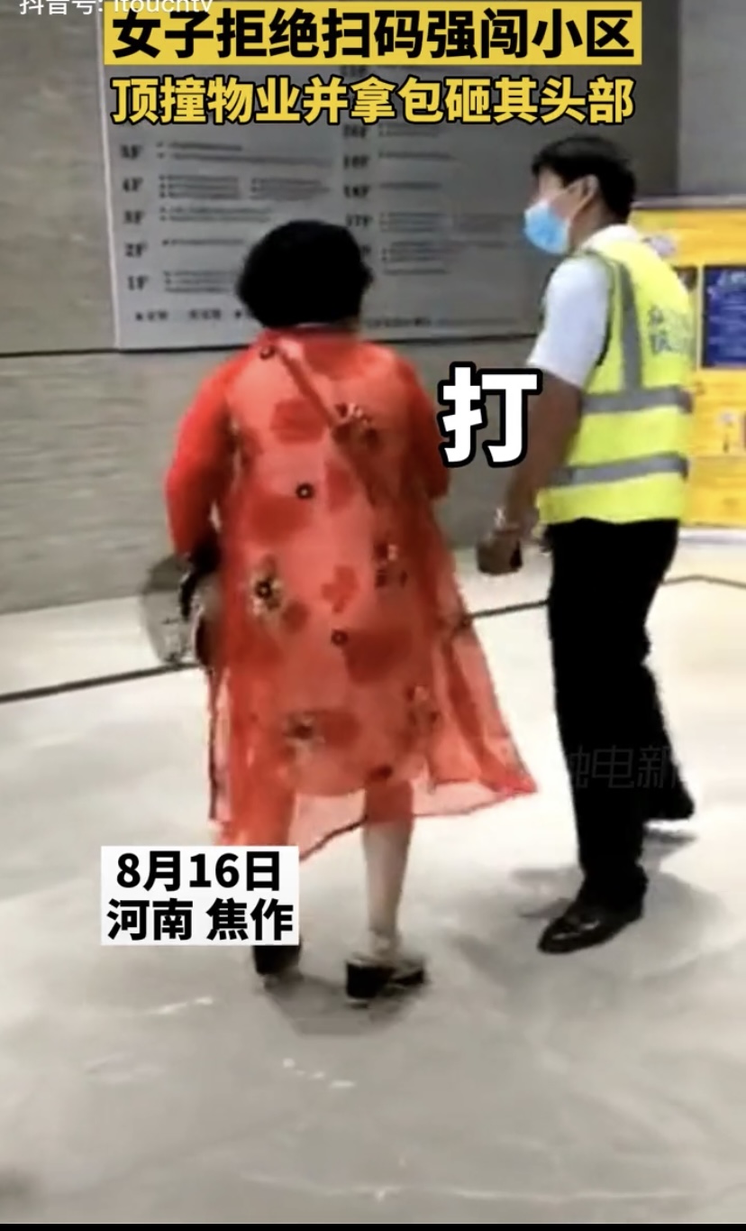 河南焦作一大妈拒绝扫码强闯小区,掌掴工作人员