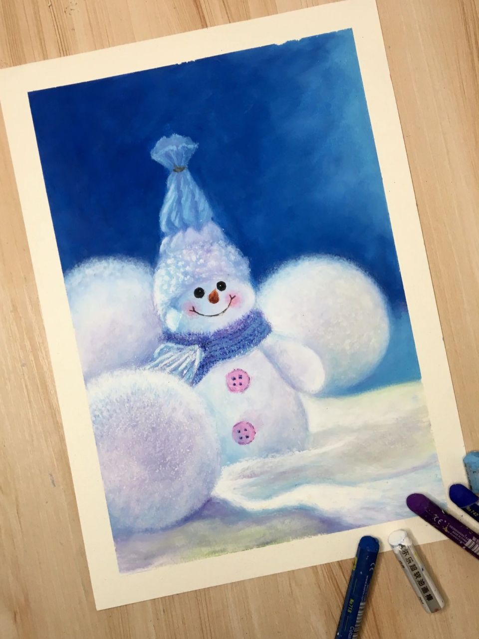 油画棒绘画|乖巧的小雪人(附过程图) 16开纸张大小 油画棒绘画材料