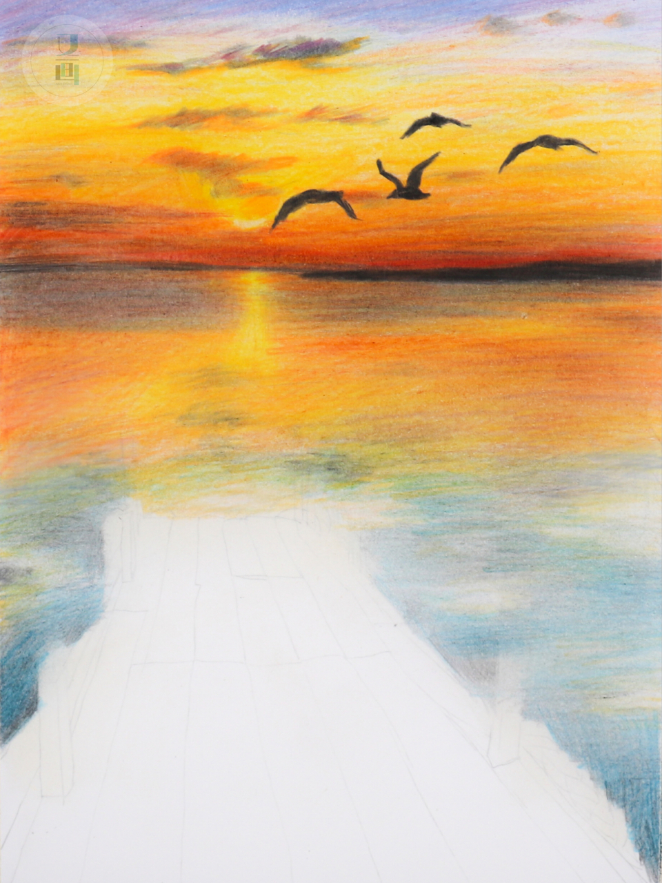 彩铅风景图绘画过程分享,海边夕阳风景图 主要用到的工具:艺雅油性