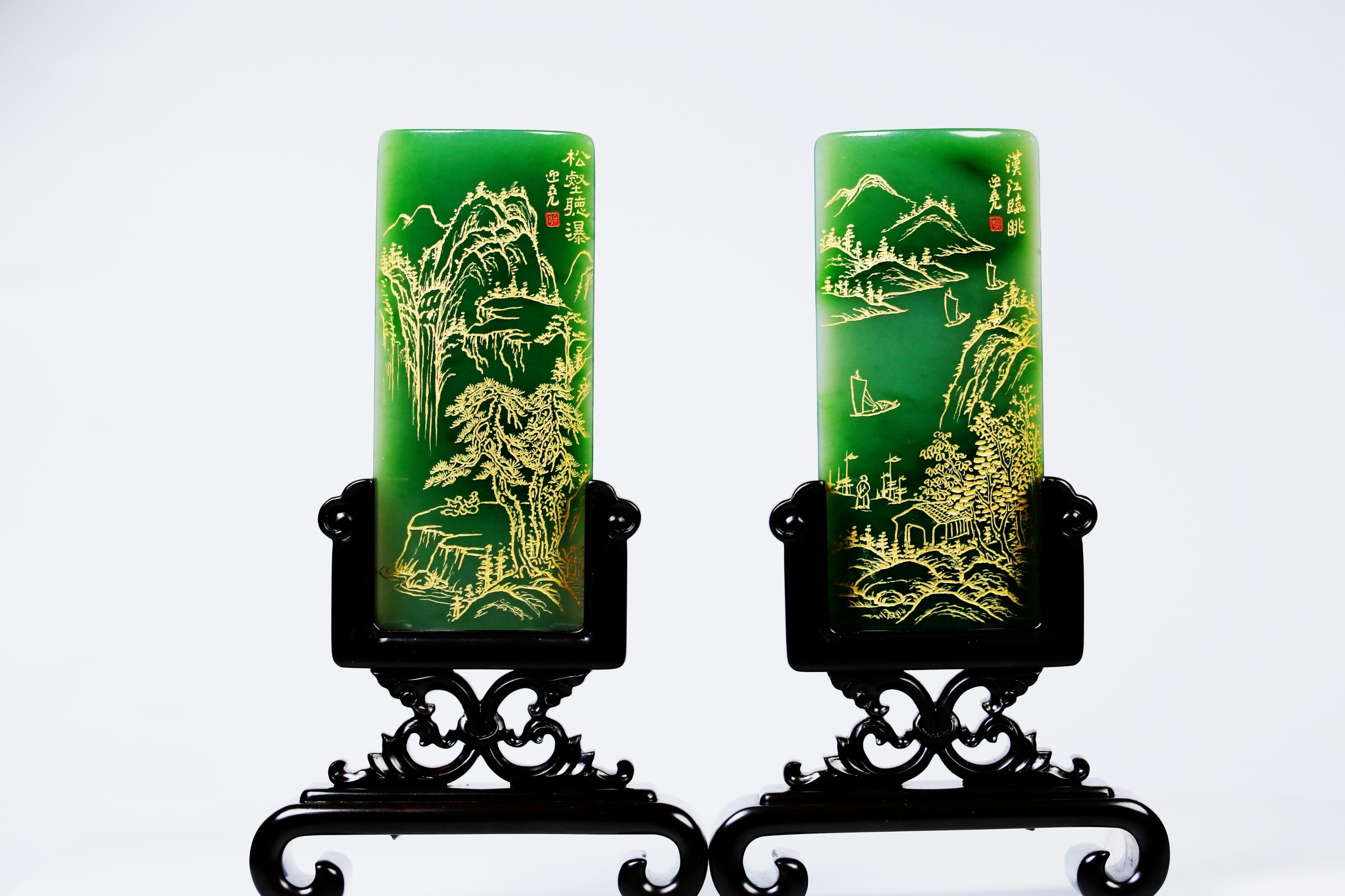 「精品展示」张迎尧大师碧玉山水对牌《松壑听瀑》和《汉江临眺》