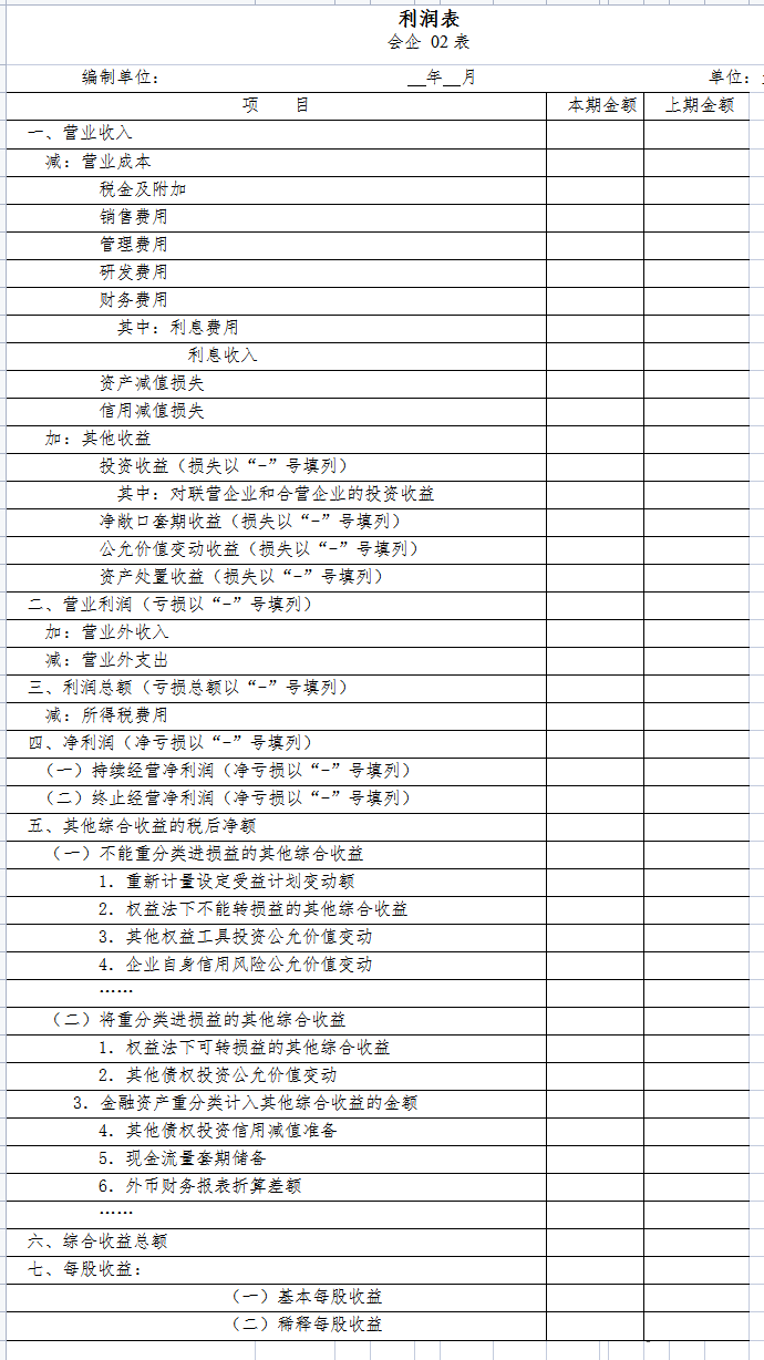 2021年执行新财务报表模板及填写说明