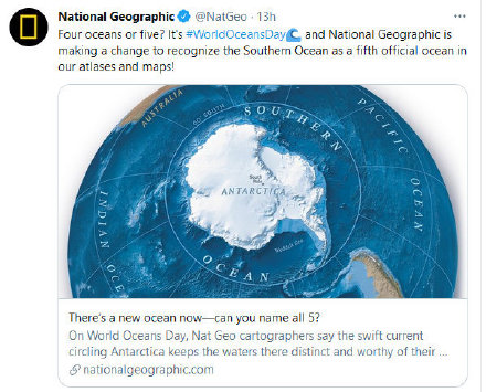 《国家地理》杂志承认五大洋之说：南大洋加入地图