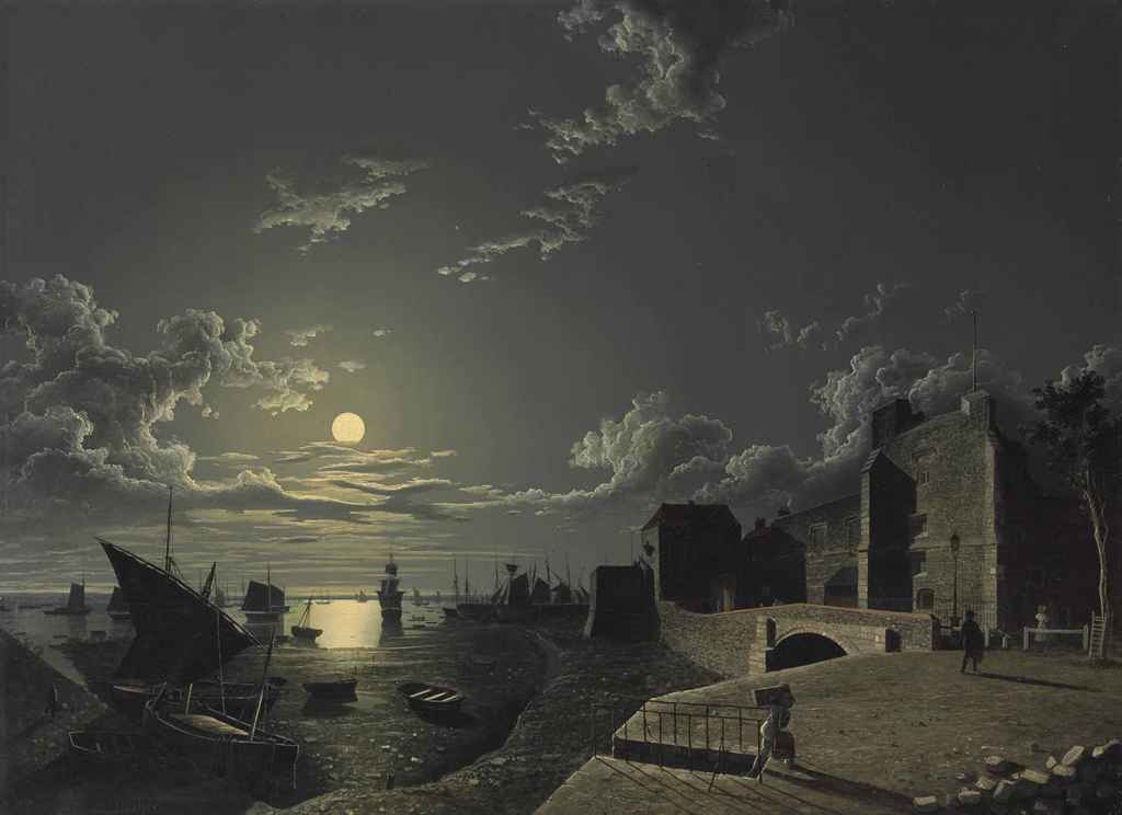 夜景油画:港口,教堂与塔楼夜景-亨利·佩特|美术作品