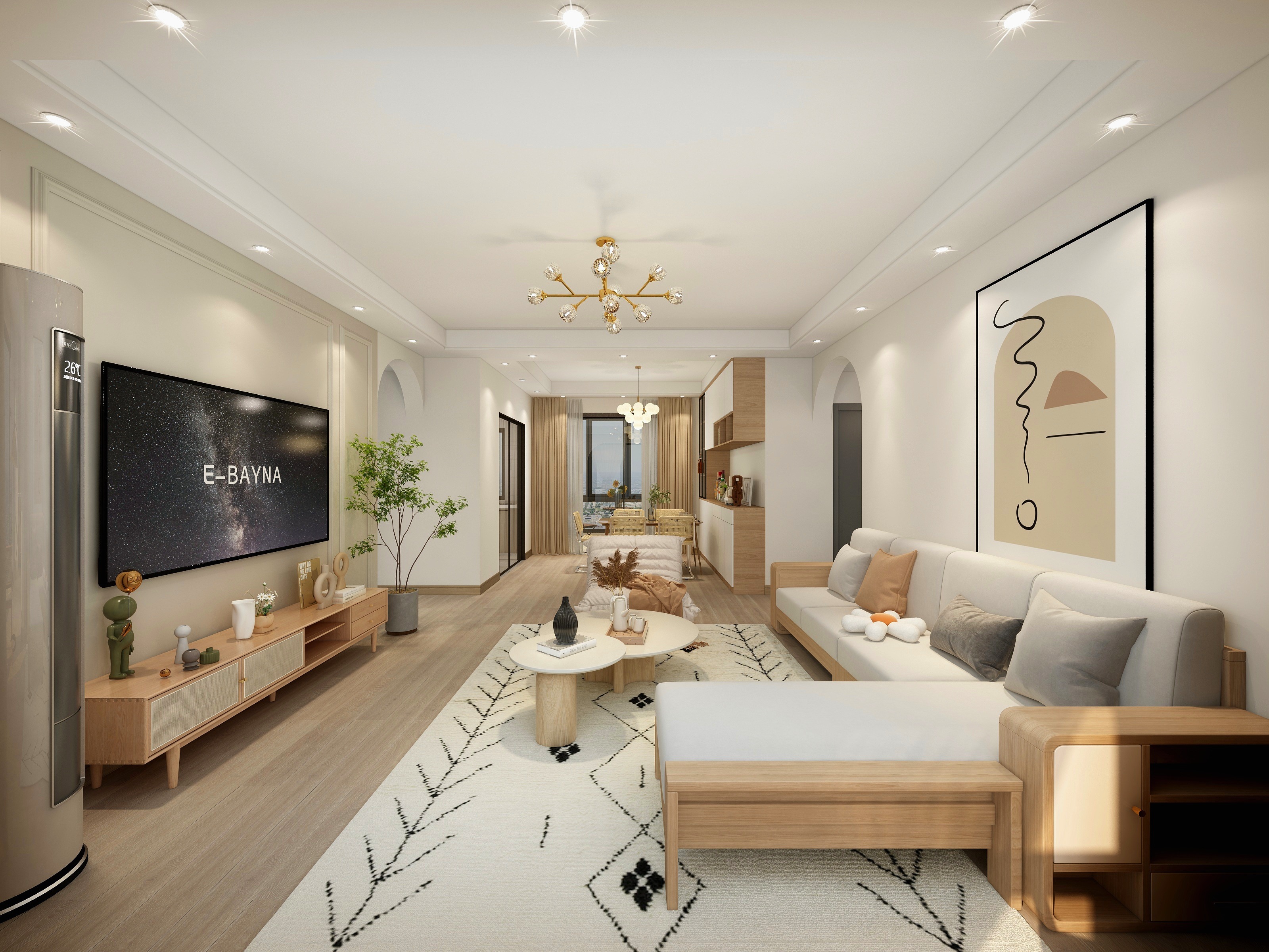 140㎡现代原木风格家装设计,全房通铺浅色木地板,温馨舒适