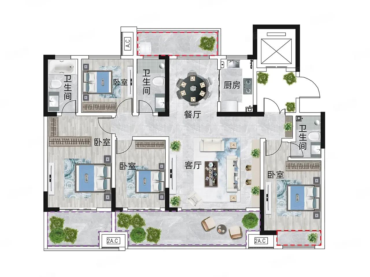 169平米的小平层户型,南北都有理想的阳台