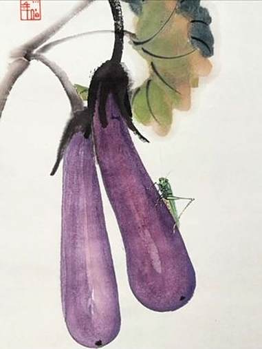 国画茄子和蚂蚱 三笔画茄子 上热门 国画 花鸟画 国风古韵 茄子
