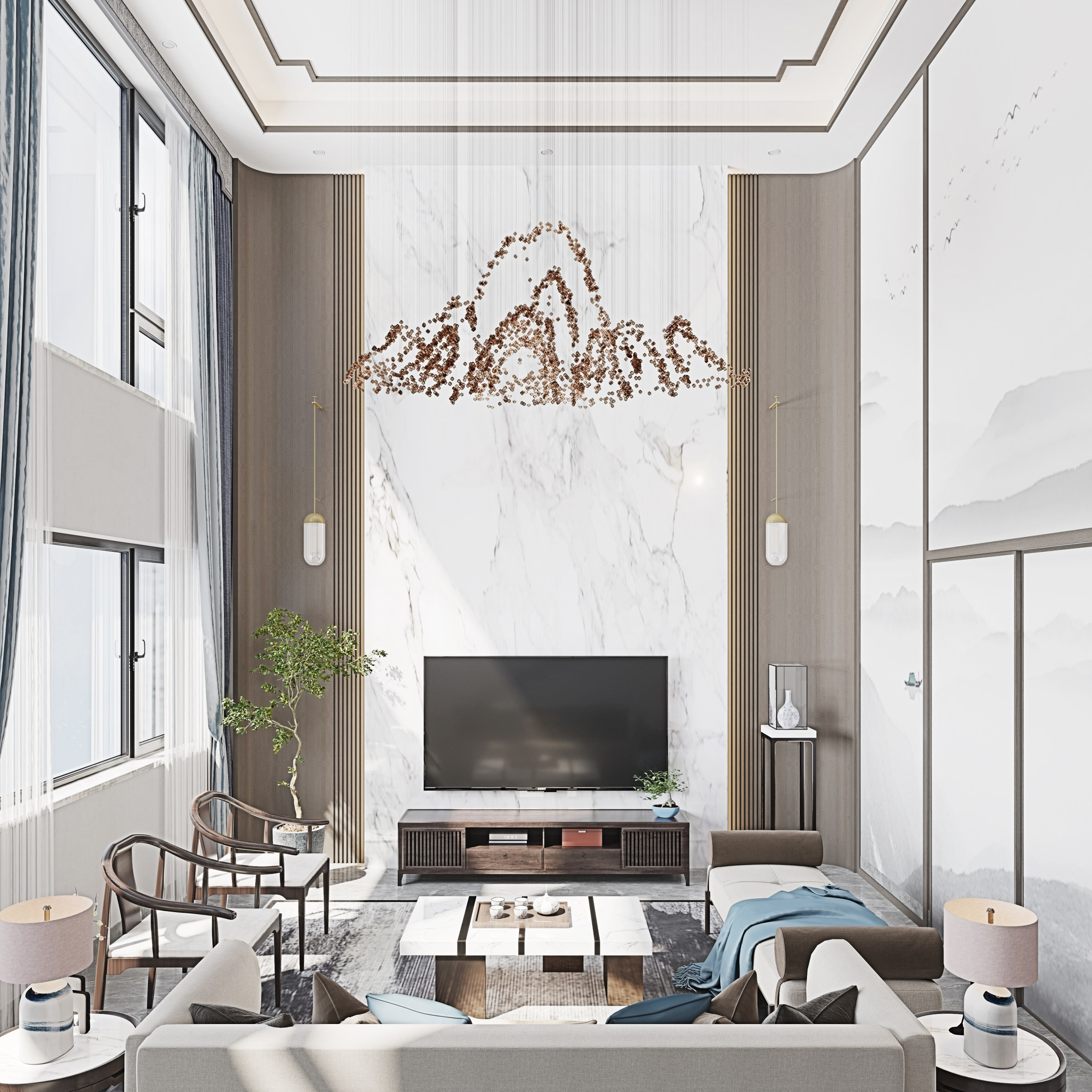 建发央玺285平米新中式风格复式楼装修效果图