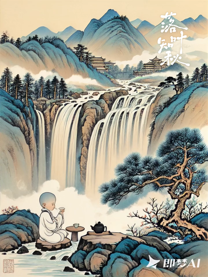 山水画瀑布,松树,河流