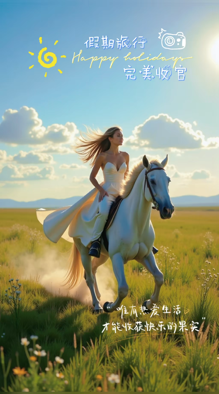 浪漫骑马奔驰在草原上