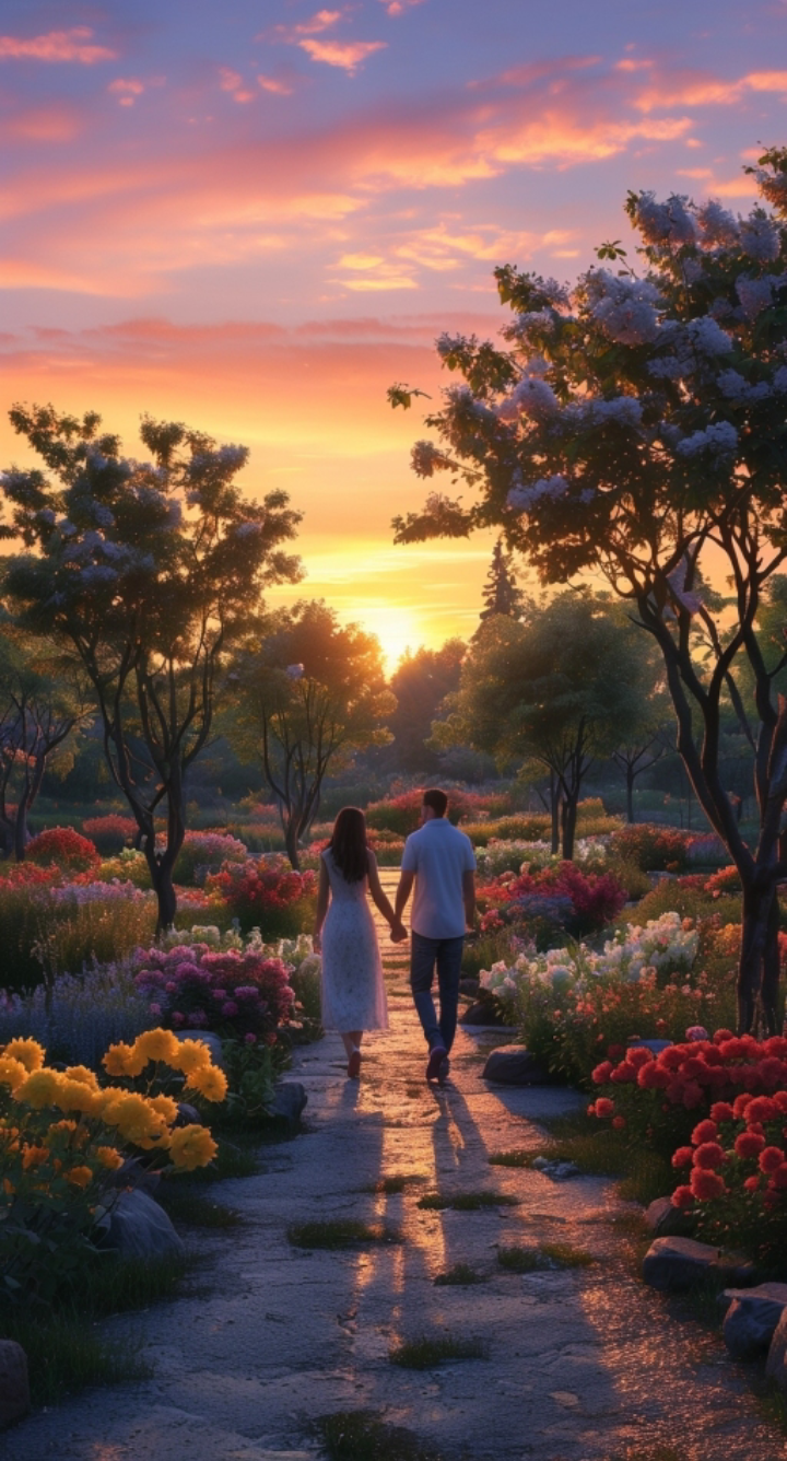 夕阳西下恋人散步