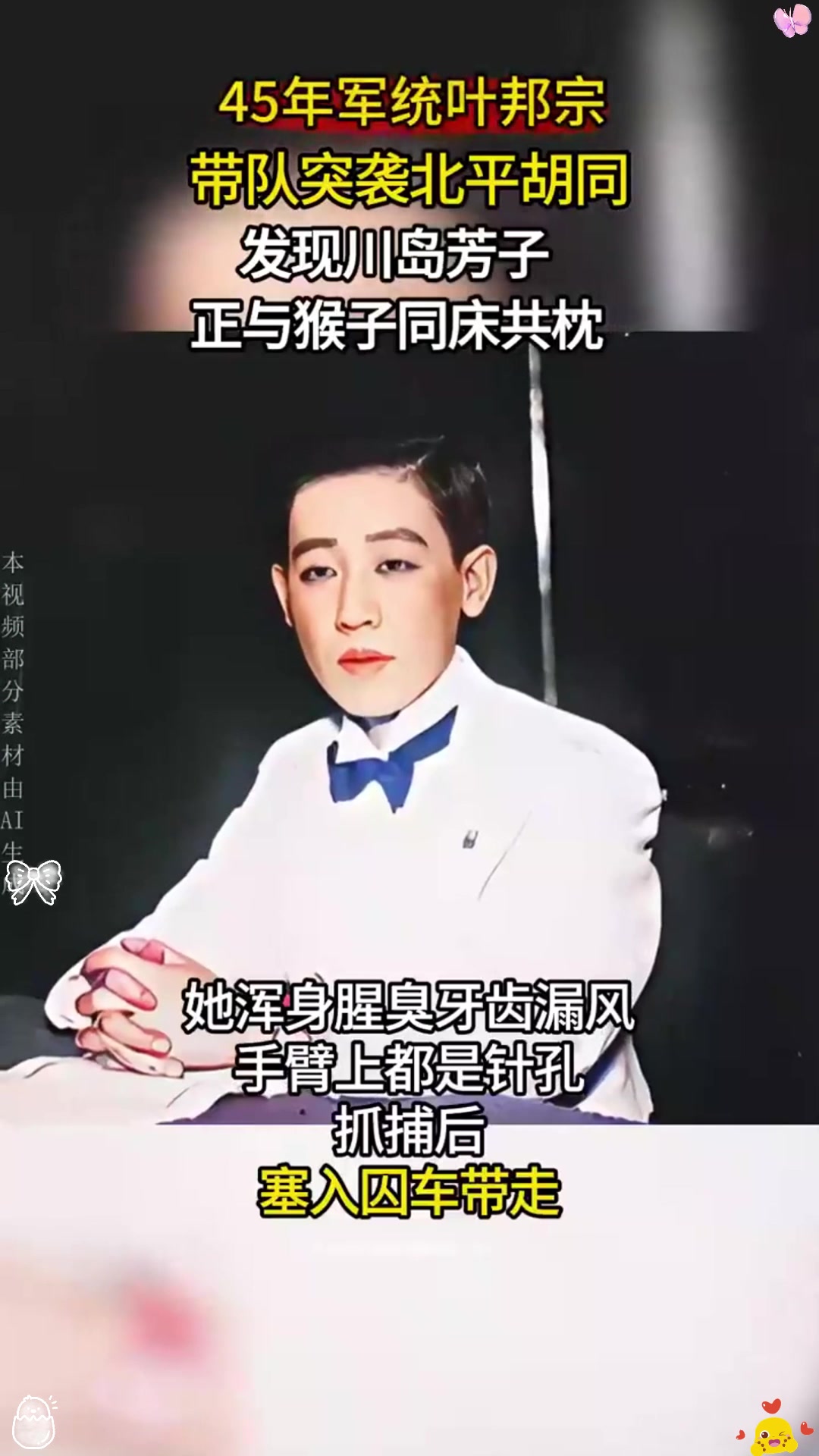 川岛芳子被捕细节,正与猴子同眠,老军统透露:不是美女牙齿漏风