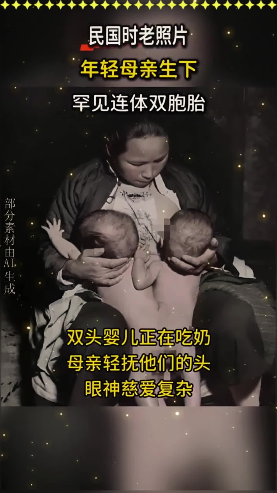 民国连体双胞胎罕见照片,母亲喂养双头婴儿,眼神慈爱复杂