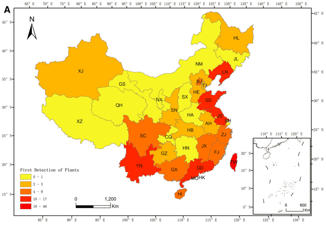 入侵植物和动物在中国的分布