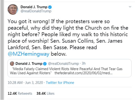 图画本体会到港警的无奈？特朗普怼批评者：教堂都烧了，还是和平示威？
