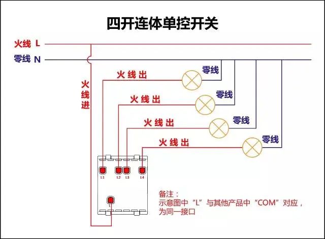 德力西4控开关接线图图片