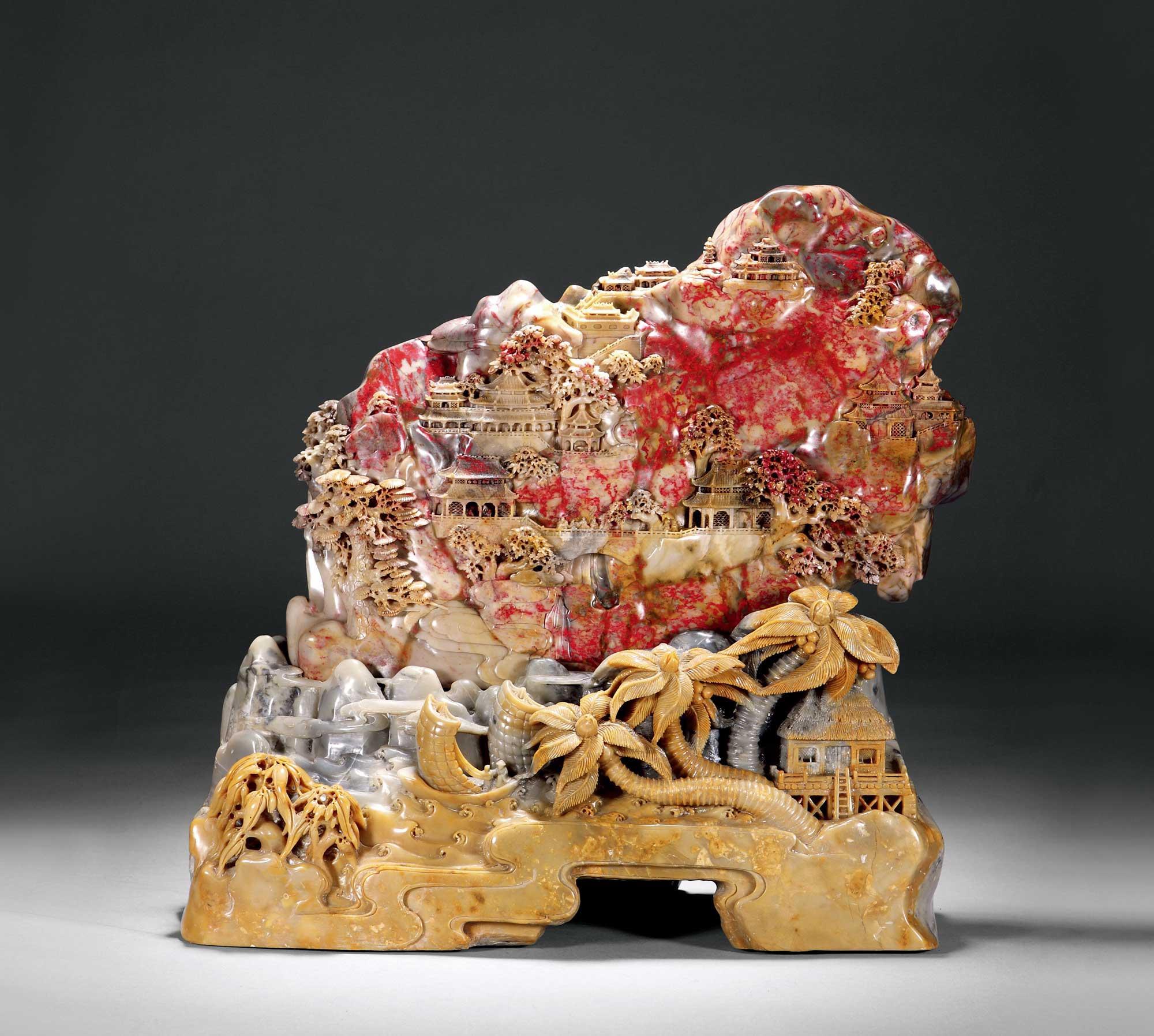 昌化鸡血石雕刻作品《雕楼阁山子》卖1344万,为什么这么值钱?