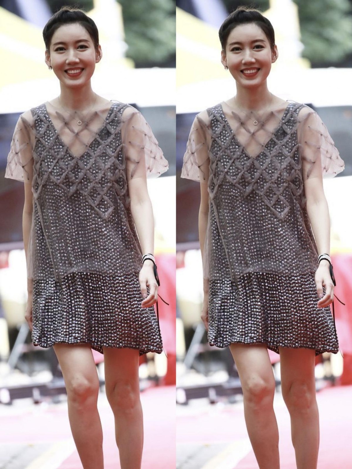 高露这造型挺有个性的,吊带裙还套层"渔网",一般人驾驭不了