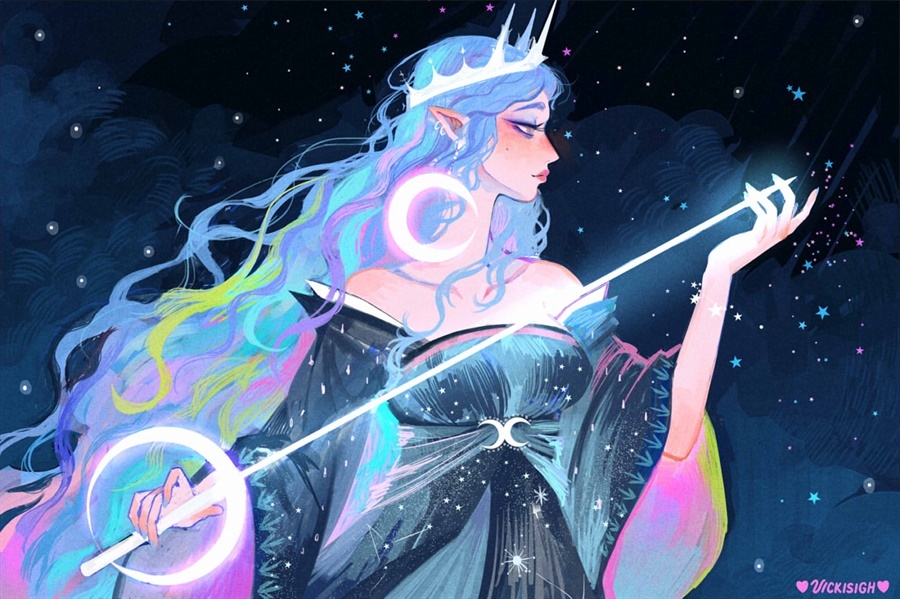 魔法少女系列插画,甜美温柔的画风,画面美好且奇幻