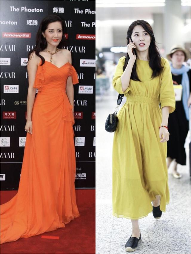 曾黎的牛奶肌谁能不羡慕,穿这么土的橘色裙子也不减风采,太美了