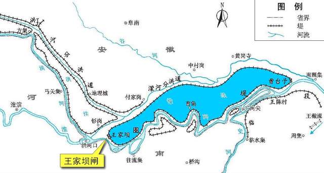 王家坝进水闸及蒙洼蓄洪区的位置