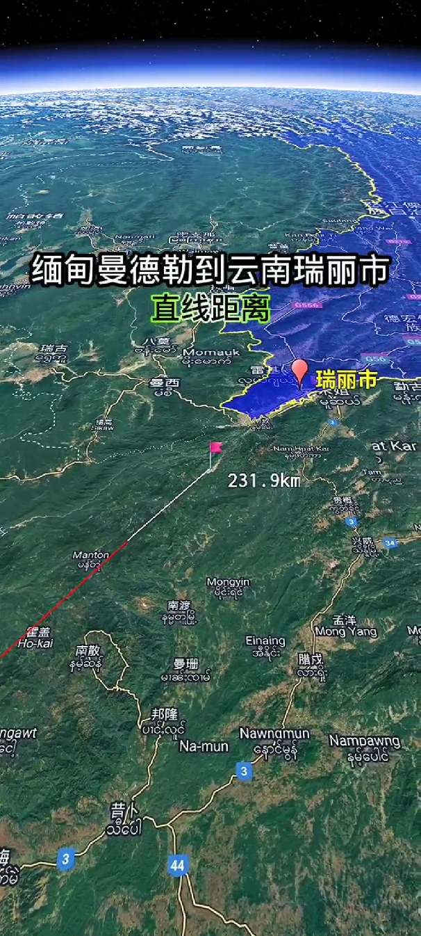缅甸曼德勒到云南瑞丽市,直线距离