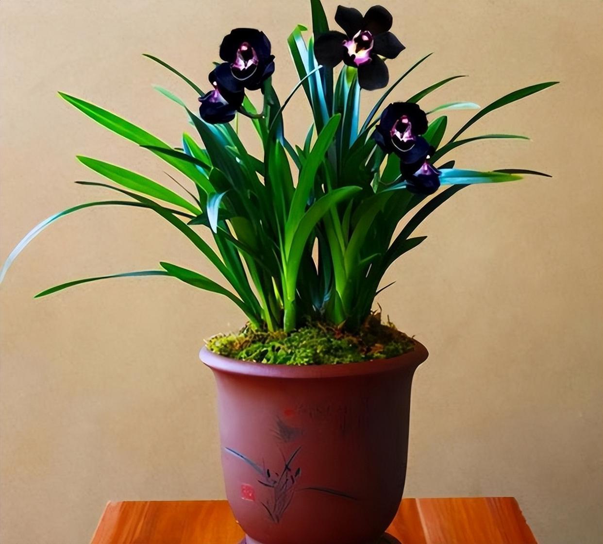 墨兰黑雪姬被誉为"神秘王子",花色迷人,黑杆黑花,开花香满屋