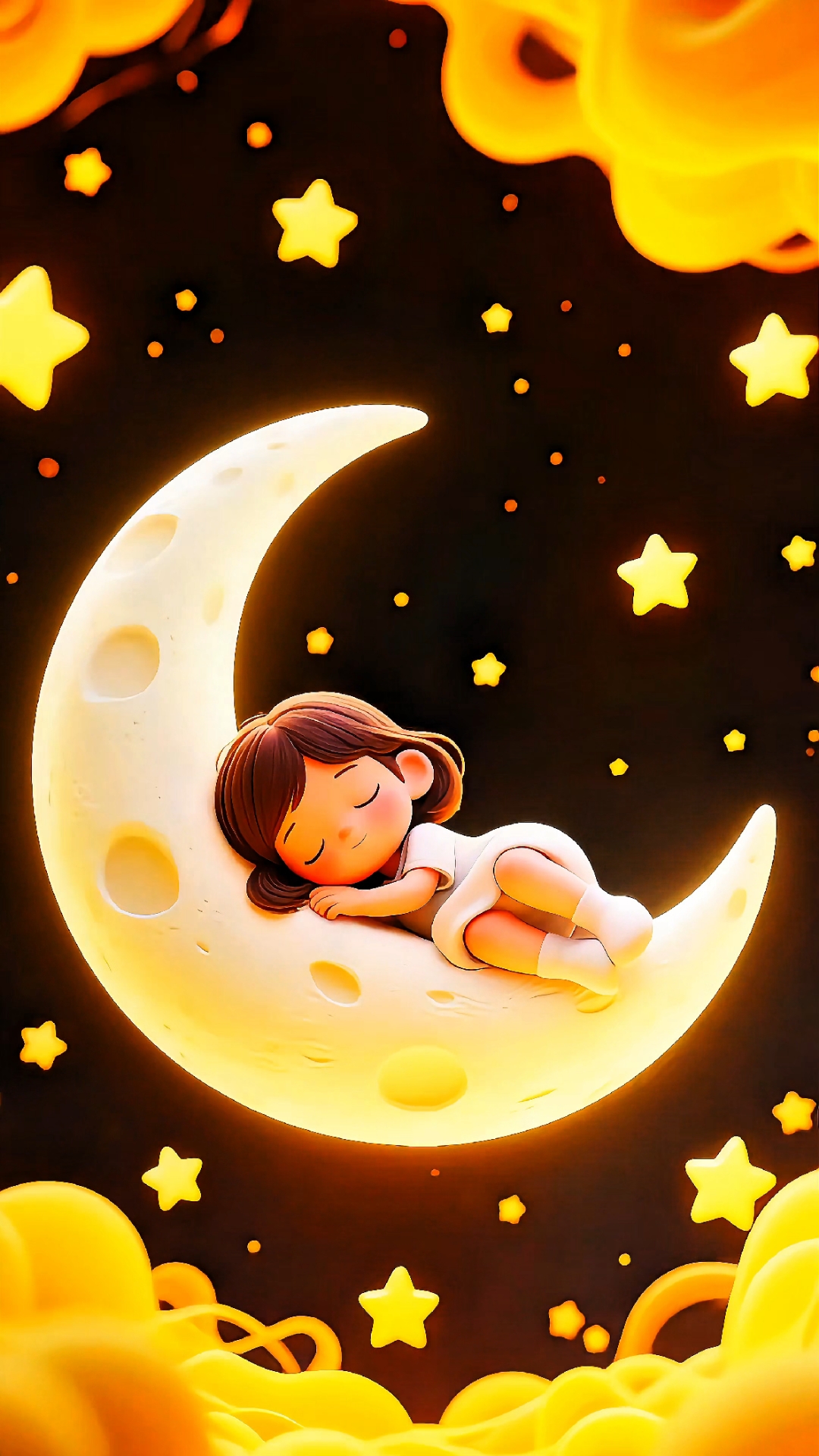 梦幻睡在月亮上的小女孩与萌宠的可爱瞬间!享受宁静的美好!