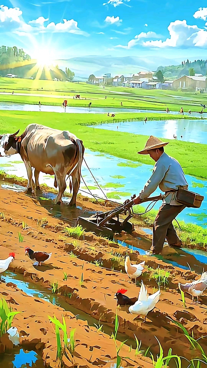 田园风光,春耕时节,牛犁田地,鸡鸭相随,乡村生活!