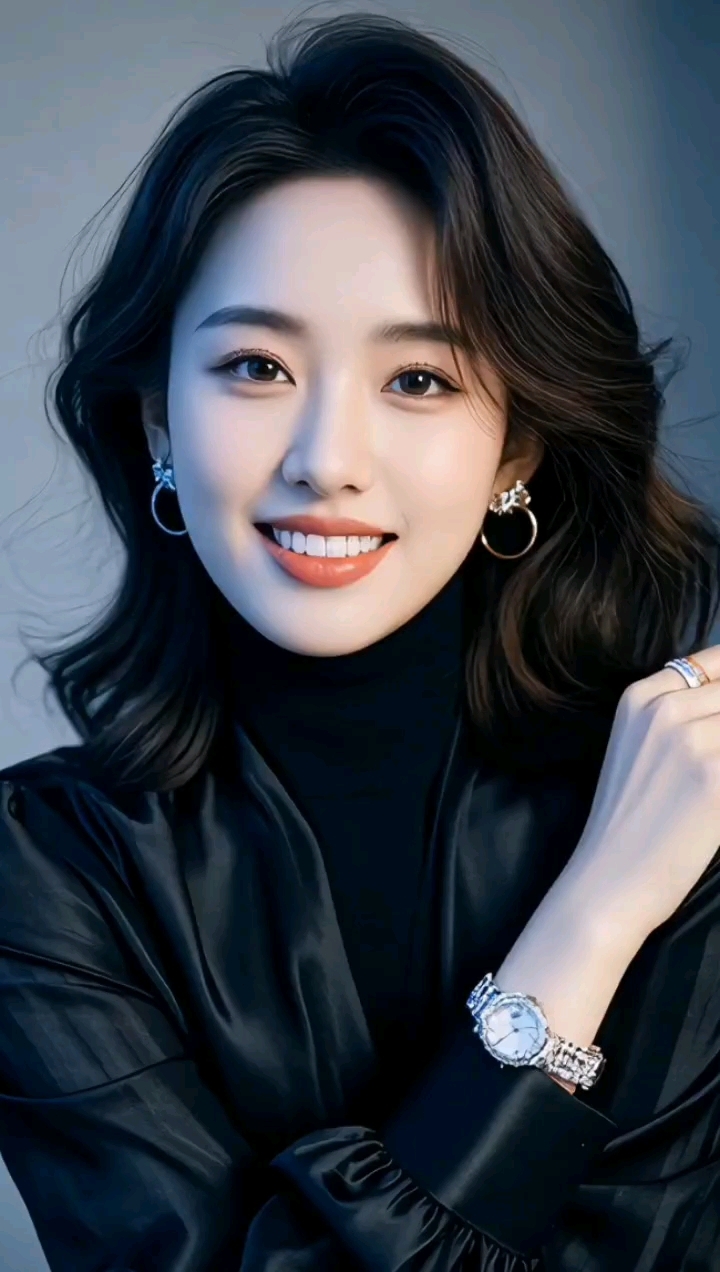 温柔甜美的微笑,搭配优雅的黑丝缎衣,展现高贵气质