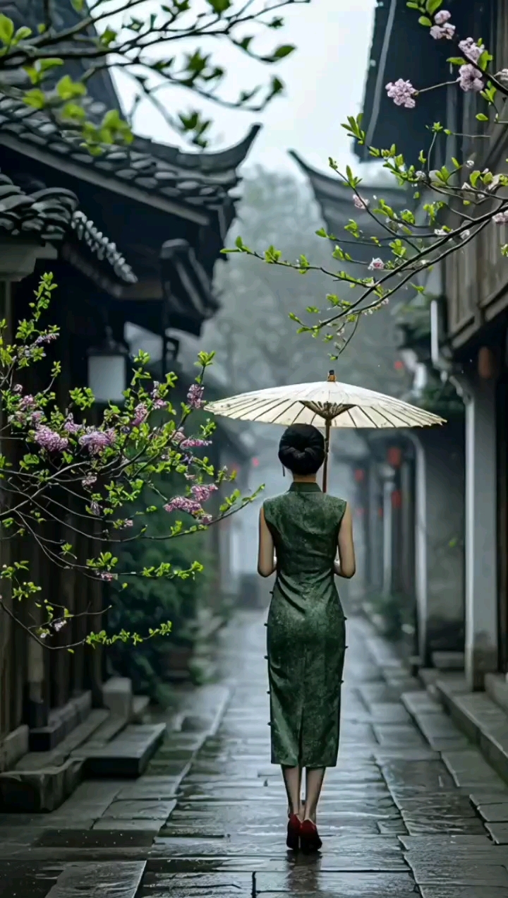 雨中漫步古巷,撑伞女子悠然自得