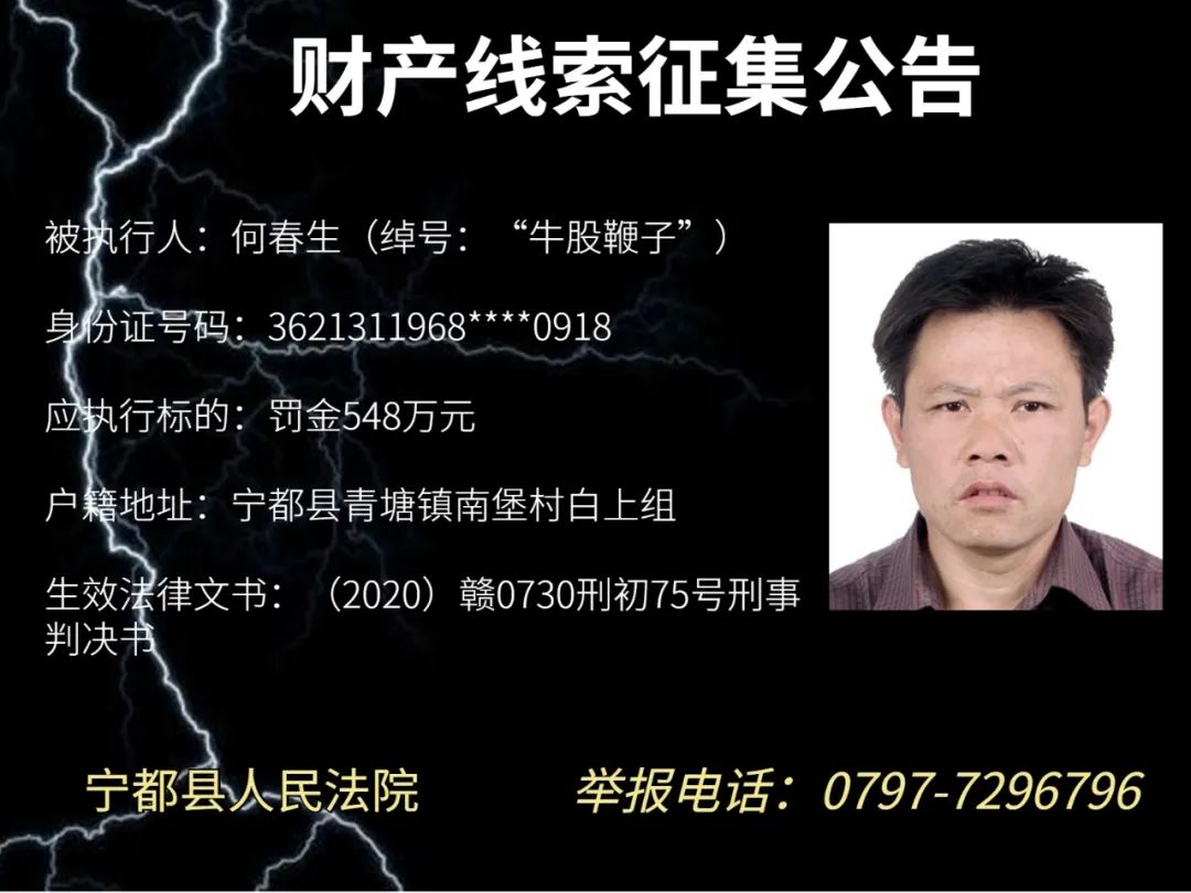 宁都县人民法院关于征集何爱华等涉黑案件财产线索的公告