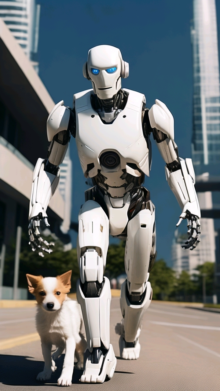 白色人形机器人在街上跑,追着小狗