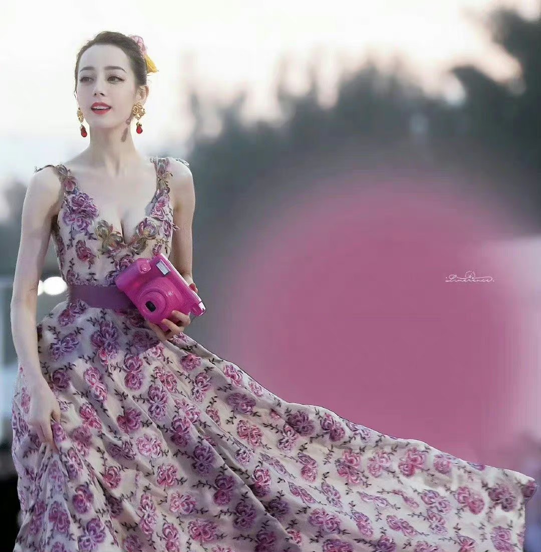 迪丽热巴-深v露背粉花裙图片分享