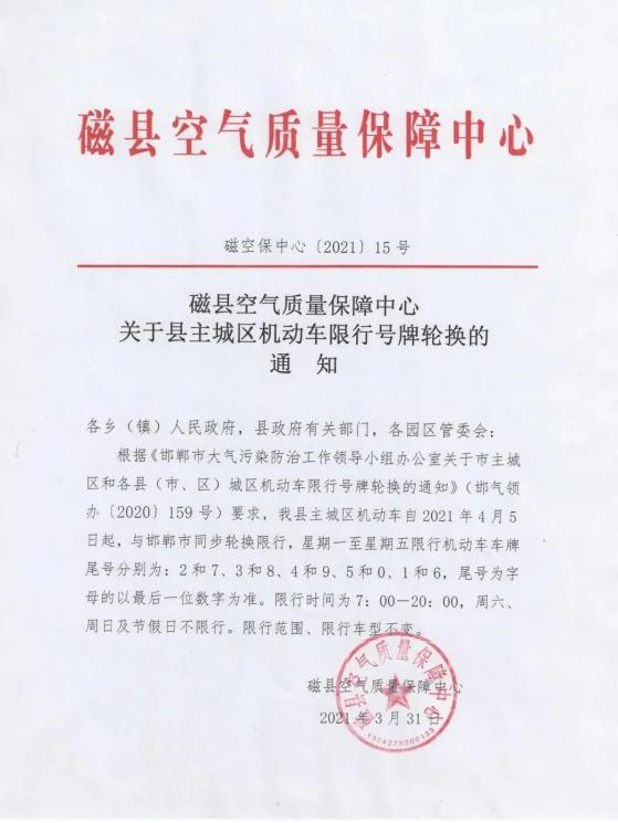 注意!磁县限行尾号即将轮换!