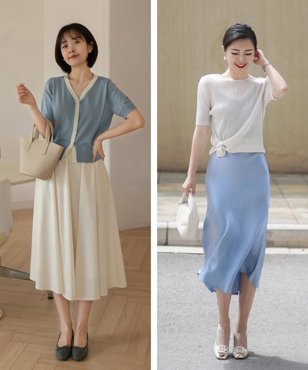 这才是真正适合中年女人的夏季穿搭:t恤 膝下裙,优雅知性又得体