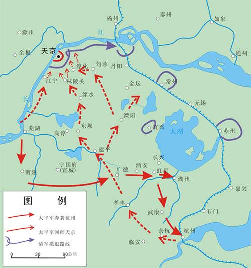 的二次覆灭标志着湘军集团的彻底崛起,图为太平军二破江南大营形势图