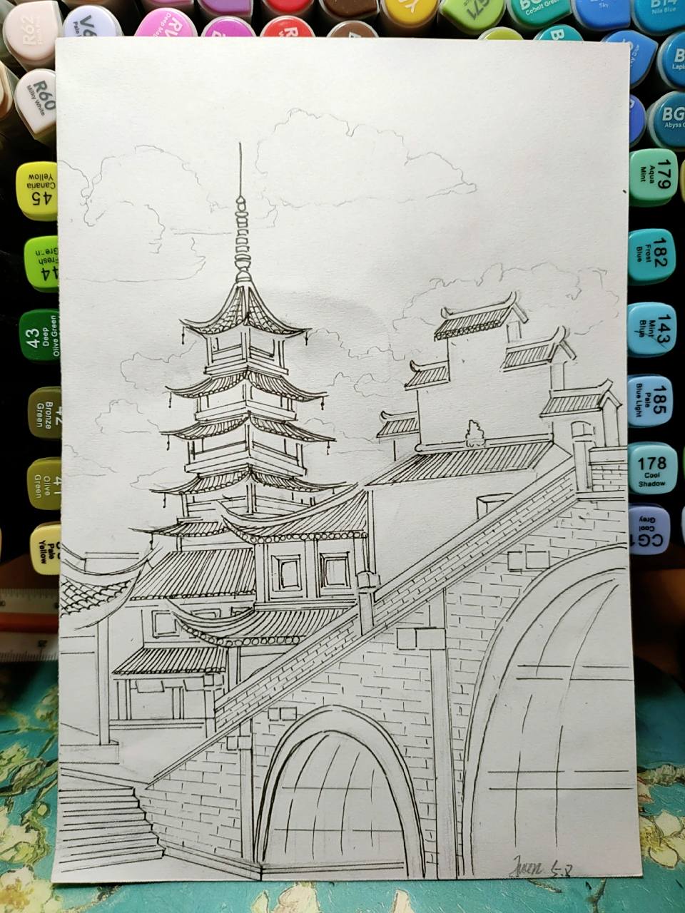 马克笔风景画《江南–千灯古镇》线稿