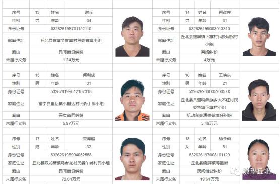 丘北县人民法院失信被执行人名单公告