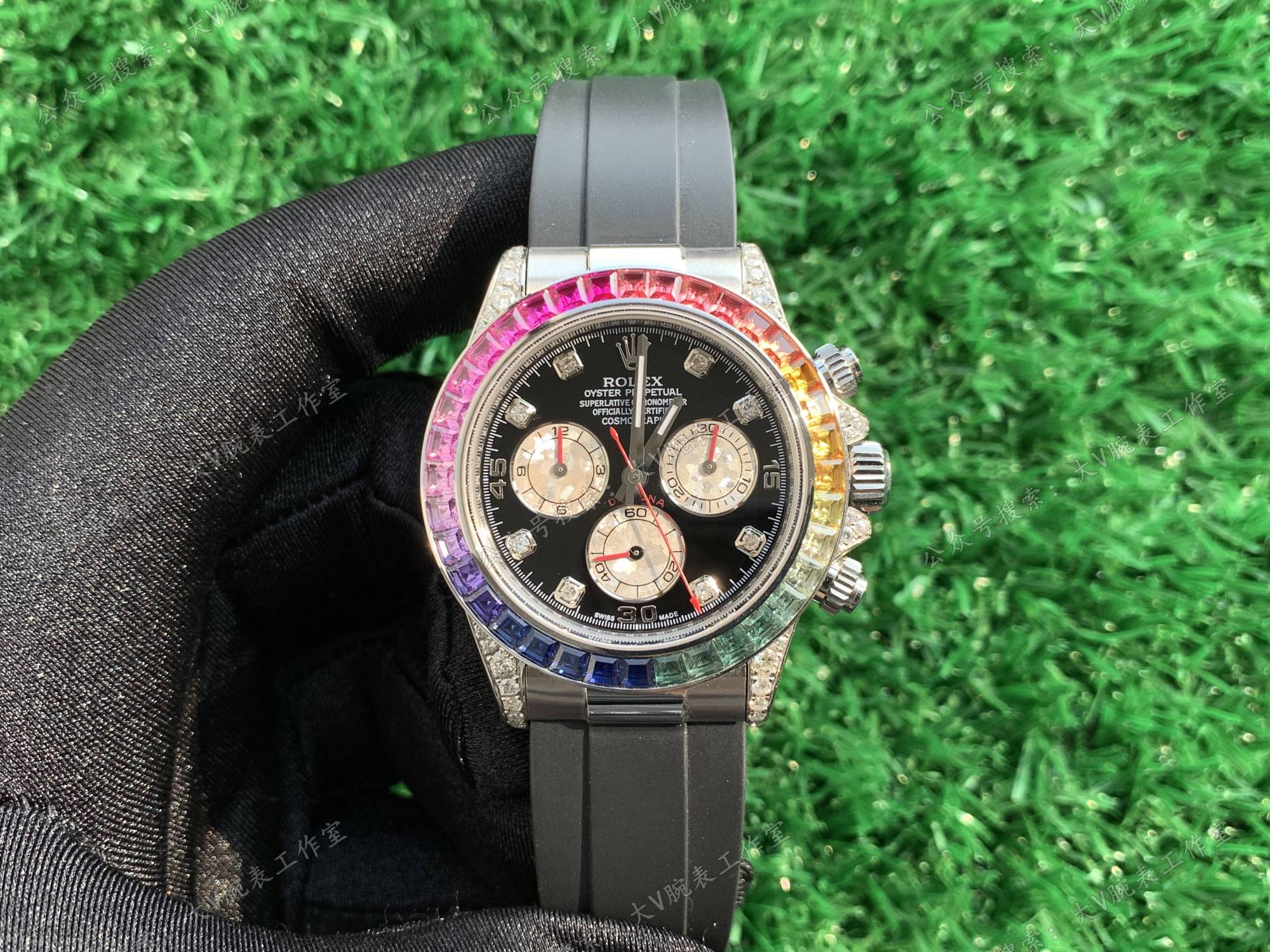 劳力士迪通拿改装后镶钻彩虹迪胶带款,胶带款彩虹迪也好看!