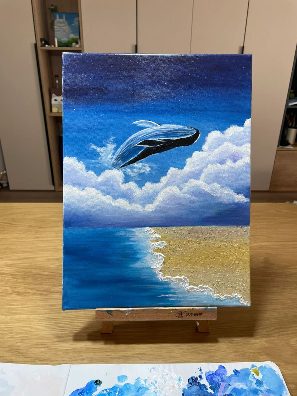 蓝鲸 大海 沙滩丙烯画石英砂装饰画附步骤图 天空:普兰 群青 过渡加