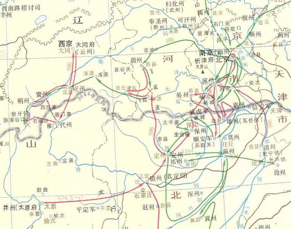 宋遼邊境形勢圖,可見戰事不斷,並且攻擊路線不同,充分說明防禦措施的