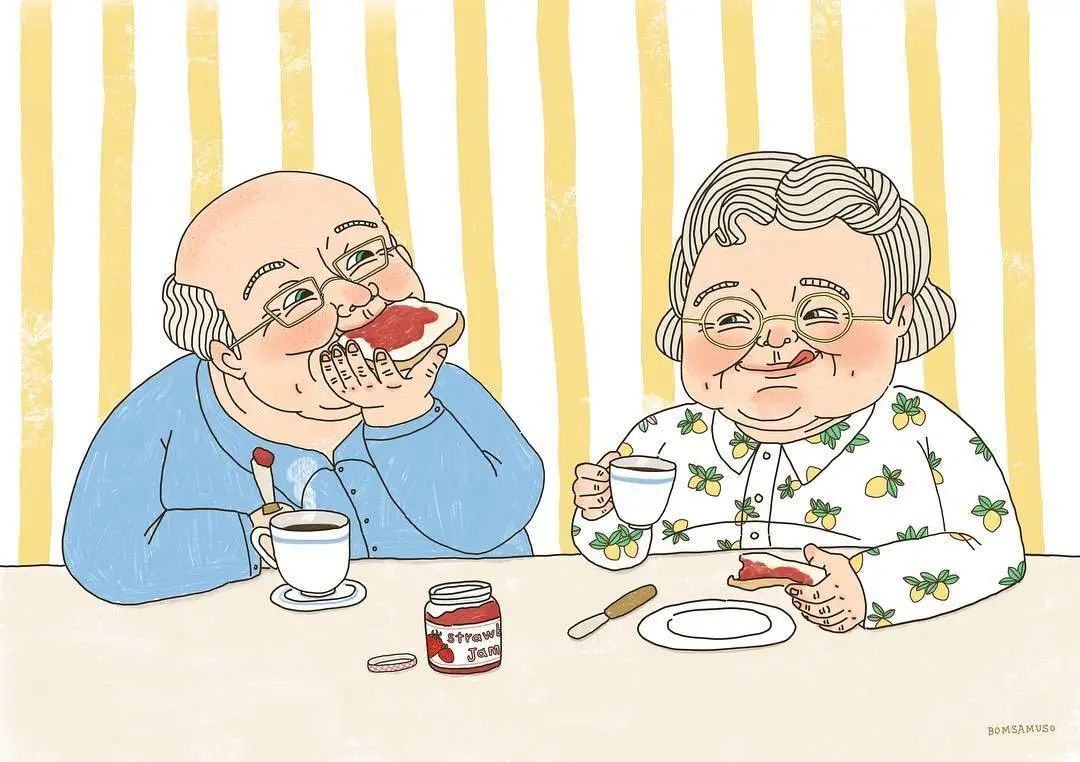 一对恩爱的老夫妻插画︱韩国插画师bomsamuso的作品