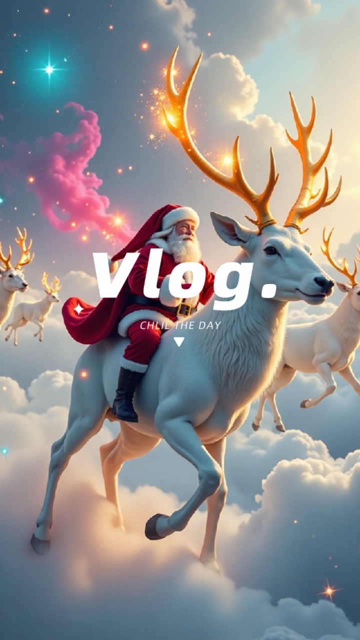 几个巨大的白色鹿,发光的金色鹿角,云雾中奔跑,圣诞老人骑在鹿