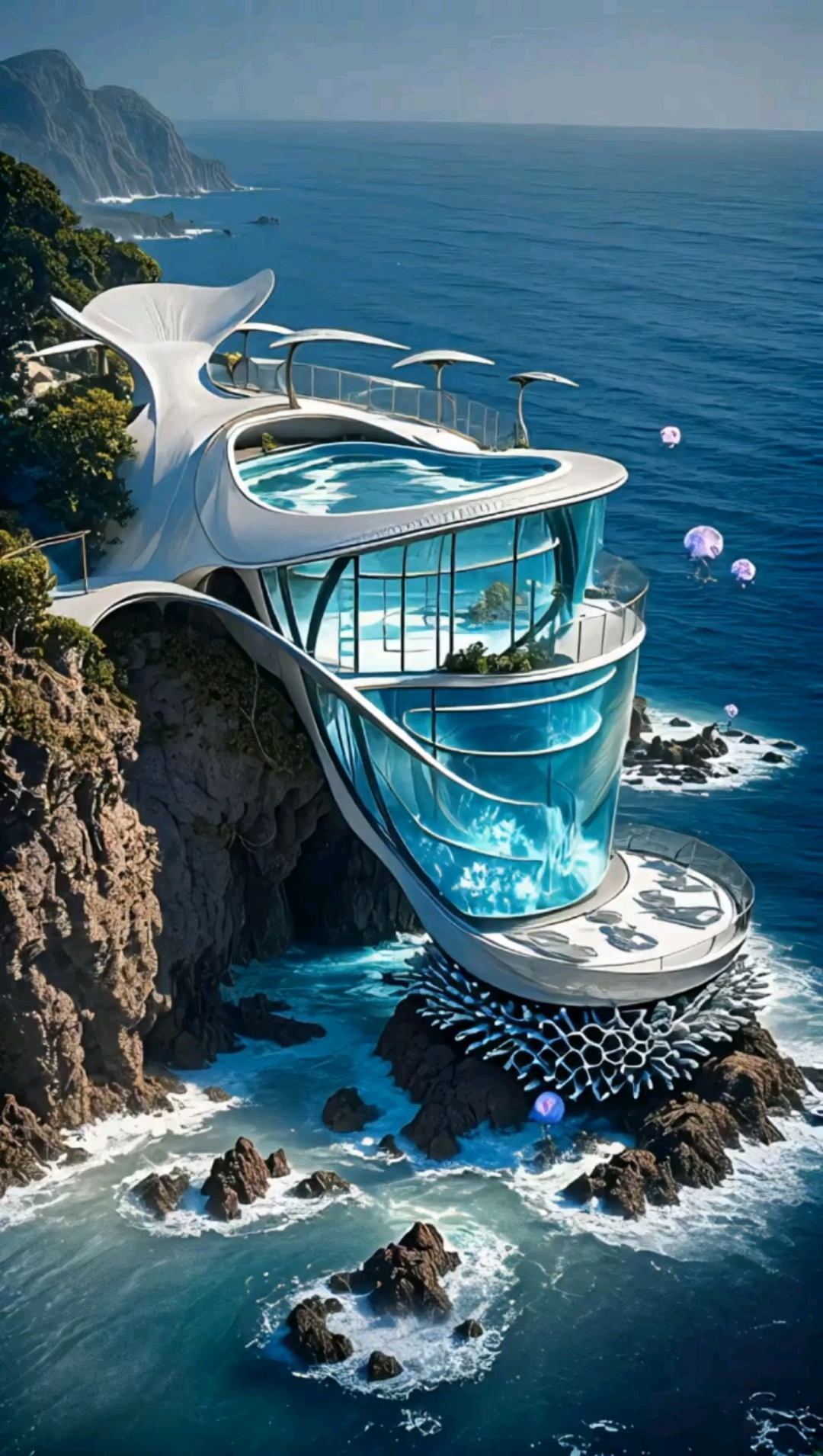 融入海豚形象的,超未来感的海边游泳池别墅