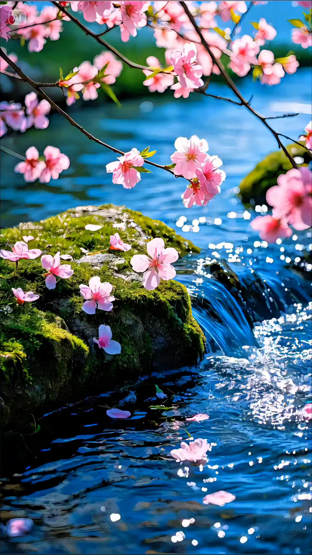 桃花灼灼映溪红,流水潺潺醉春风