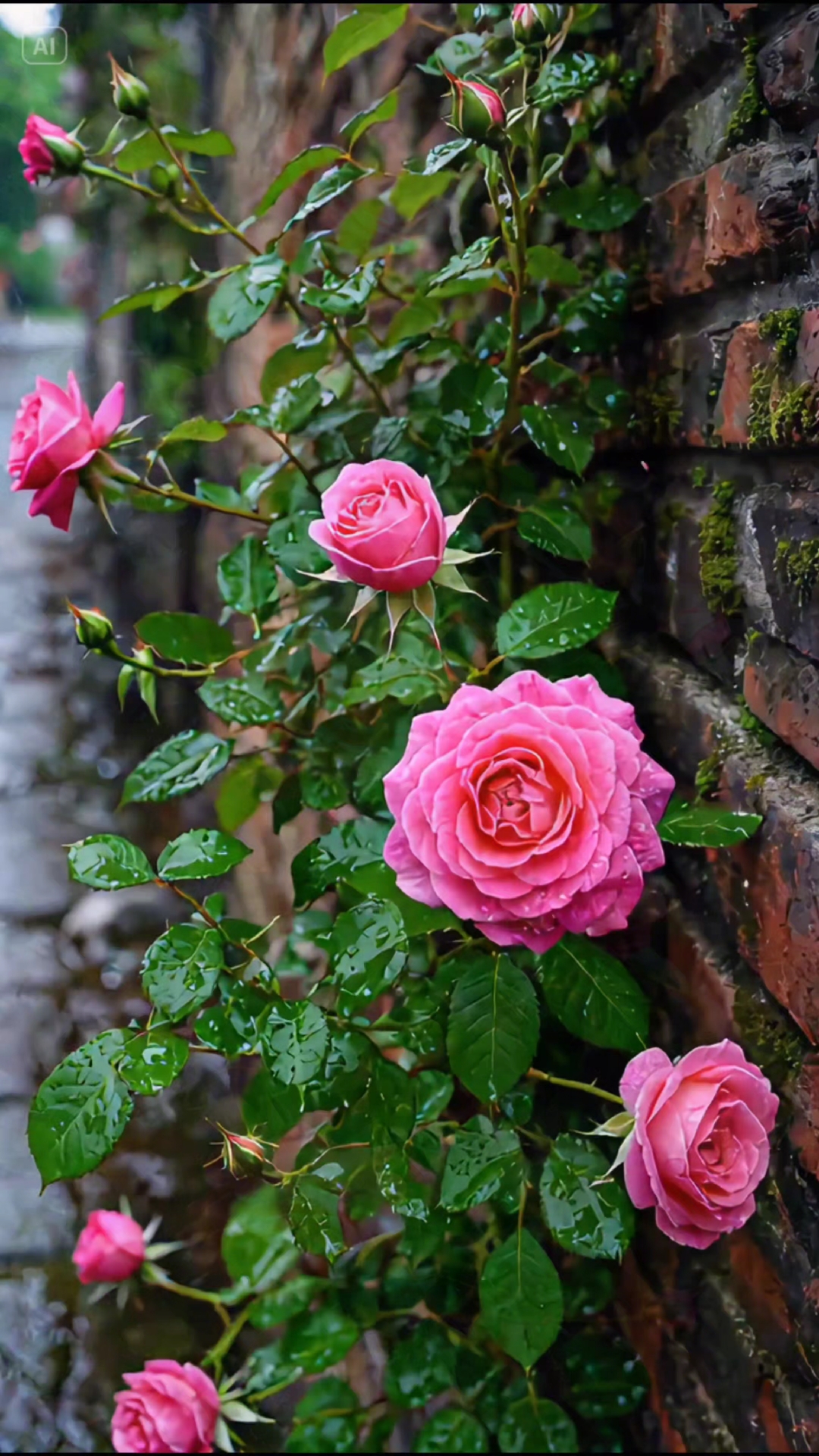雨丝沁透红墙,蔷薇悄然绽放